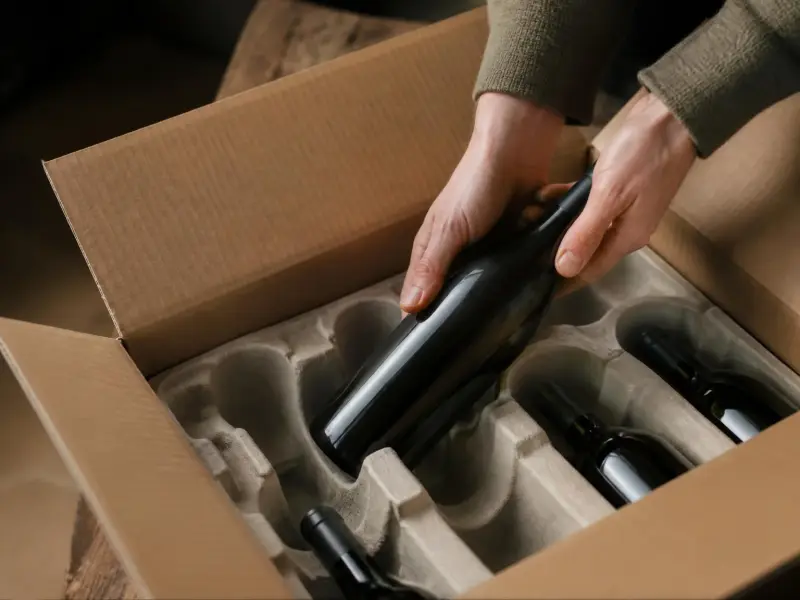 Hands carefully lowering a wine bottle into a protective shipping insert inside a sturdy cardboard box.