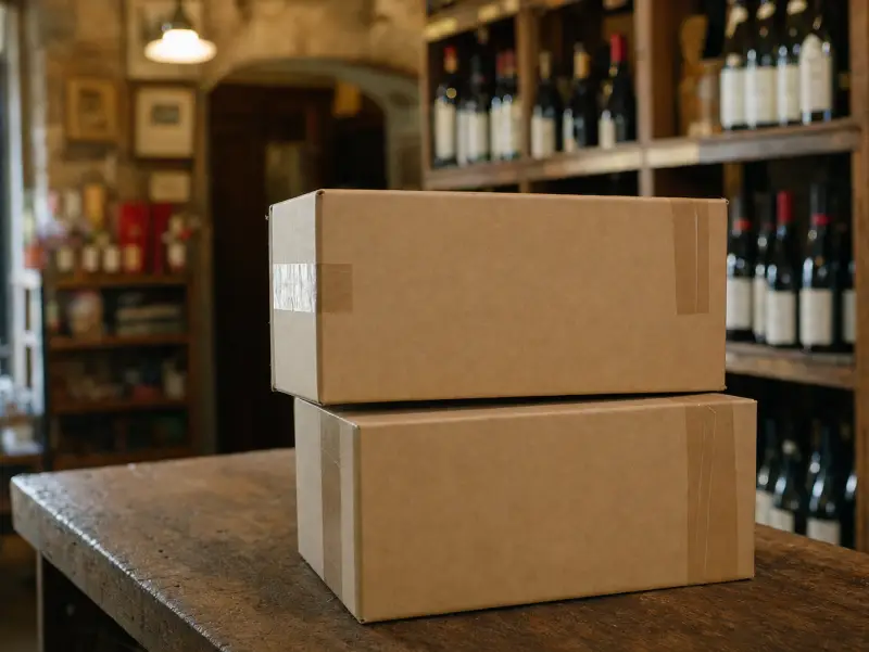 Two sealed wine shipping boxes on the counter of the shop, ready to send