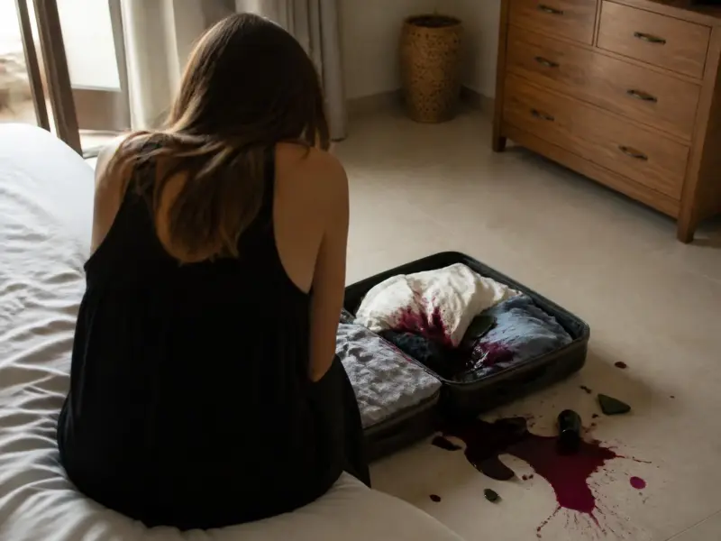 A woman on a hotel bed looks at an open suitcase ruined by a broken bottle of red wine, with a stained white dress and glass shards on the floor.