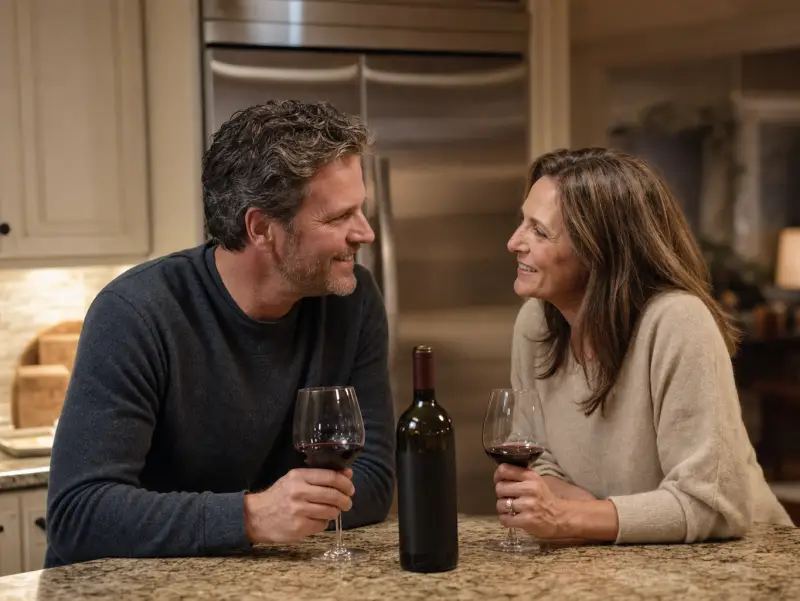 A couple at their kitchen counter at home, sharing a glass of the wine they chose in Florence